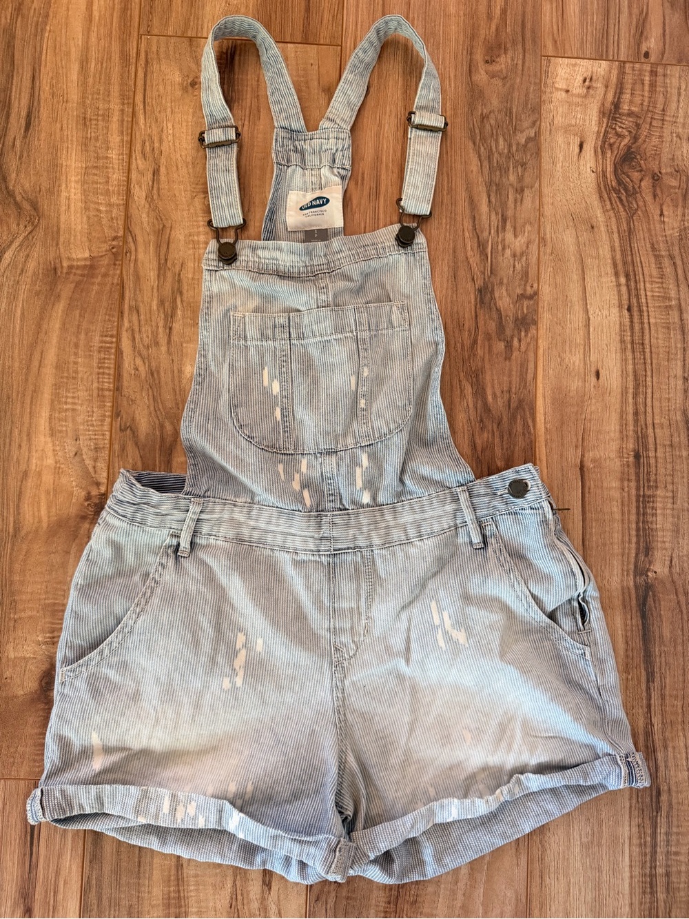Old Navy Light Wash Striped Distressed Denim Short Overalls 100% Cotton Size S